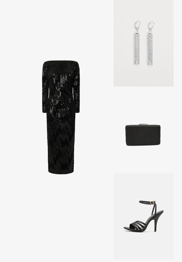 Schwarz mit Pailletten verzierter Kleid mit langen Ärmeln, schulterfreier Ausschnitt und gerader Silhouette; verfügt über eine strukturierte, schimmernde Oberfläche.; Schwarze, sandalenähnliche Hochzeitschuhe mit schmalem Knöchellenker, offener Zehenpartie und glatter Oberfläche. Verfügt über einen schlanken Absatz und ein strukturiertes Riemendesign.; Schwarze rechteckige Clutch mit strukturierten Oberflächen, ausgestattet mit einem metallischen Verschluss oben und einem Perlenmuster für zusätzliche Details.; Silberne Ohrringe mit zwei länglichen Stäben, die jeweils mit kleinen, klaren Strasssteinen in einem linearen Muster besetzt sind. Mit Klappverschluss.