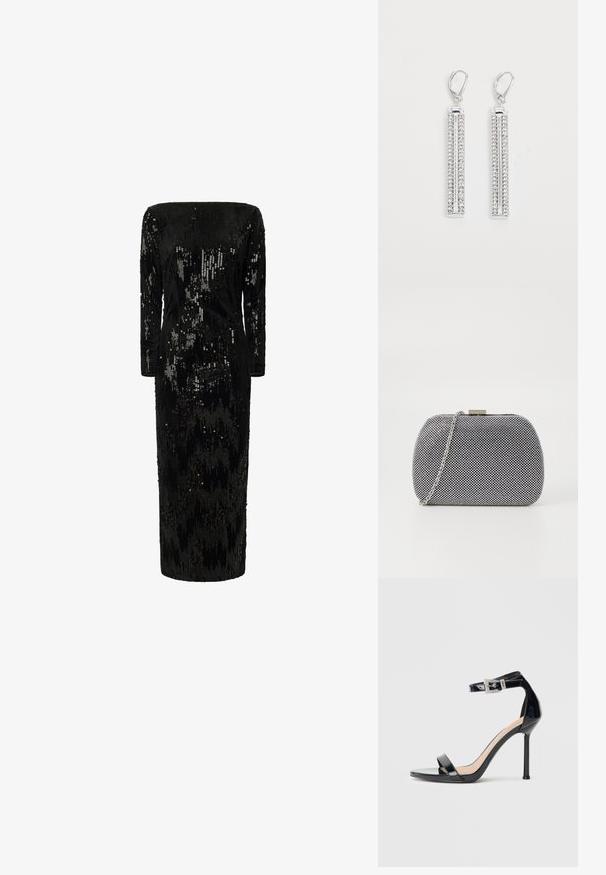 Zwarte jurk met pailletten, lange mouwen, off-the-shoulder halslijn en rechte silhouet; heeft een gestructureerd, glinsterend oppervlak.; Zwarte sandalen met hoge hak van lakleer en een enkelriempje. Heeft een minimalistisch ontwerp, open teen en een gesp met strass-steentjes.; Zwart-witte textuur clutch tas met een ronde vorm, zilveren kettingband en een metalen sluiting aan de bovenkant.; Zilveren oorbellen met twee langwerpige staven, elk bezet met kleine, heldere strassstenen in een lineair patroon. Met hengsluiting.