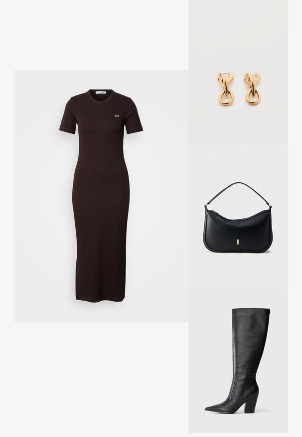 Robe midi marron foncé, cintrée, à manches courtes, col rond, avec un petit logo brodé sur la partie supérieure gauche de la poitrine.; Botte en cuir noire à hauteur de genou avec bout pointu et talon large, présentée en profil latéral gauche sur fond blanc.; Sac à bandoulière en cuir noir avec une seule sangle, design minimaliste, fond arrondi, et une petite plaque logo rectangulaire dorée sur le devant.; Paire de boucles d'oreilles créoles en bouclettes dorées brillantes sur fond blanc uni, présentant un design torsadé entrelacé.