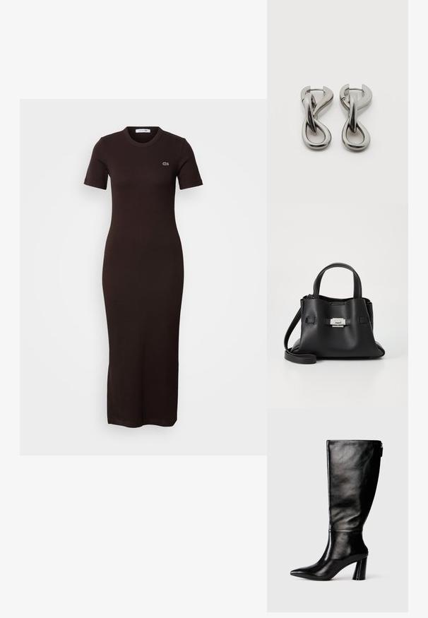 Robe midi marron foncé, cintrée, à manches courtes, col rond, avec un petit logo brodé sur la partie supérieure gauche de la poitrine.; Botte en cuir noir à hauteur de genoux avec un bout pointu, une texture lisse et un talon épais. Elle présente un zip à l'arrière.; Sac à main en cuir noir avec une finition texturée, doté de deux poignées supérieures, d'une bandoulière amovible et d'un détail de fermoir en argent.; Paire de boucles d'oreilles en métal argenté avec un motif abstrait d'anneaux entrelacés sur fond blanc.