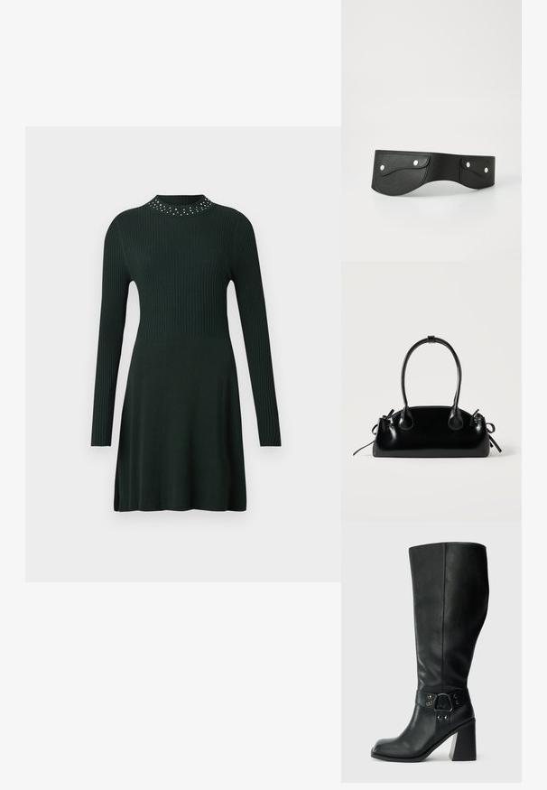 Robe tricotée côtelée vert foncé à manches longues avec un col haut décoré de petits clous en argent, taille cintrée et jupe évasée.; Bottes en cuir noires arrivant au genou, avec un bout carré, un large talon et une sangle décorative avec des accents métalliques autour de la cheville. Texture lisse.; Petit sac à main noir brillant avec deux longues anses et des détails à cordon sur les côtés sur un fond clair uni.; Ceinture en cuir noir avec deux poches arrondies, fermées par des boutons-pression en argent. Texture lisse, design légèrement courbé.