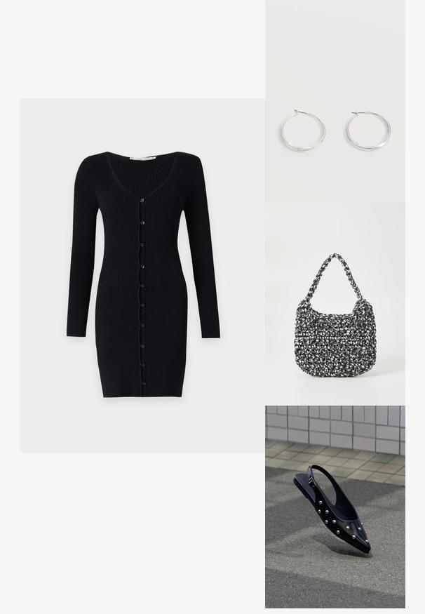 Robe cardigan noir côtelée avec des manches longues, décolleté en V et des boutons sur l'avant. Présente une silhouette mince et ajustée.; Chaussure slingback noire à bout pointu avec des clous argentés, flottant au-dessus d'un bitume près d'un mur carrelé en arrière-plan.; Sac en osier noir et blanc de forme arrondie, avec une surface texturée et une poignée tressée. Convient à un usage décontracté.; Boucles d’oreilles créoles en métal argenté avec une surface lisse légèrement incurvée et des fermoirs à clapet sur un fond blanc uni.
