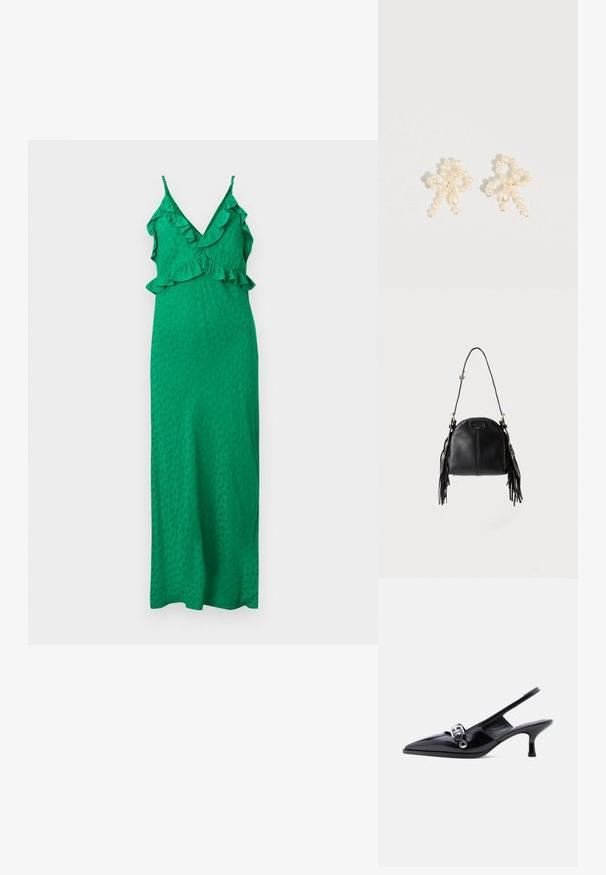 Robe maxi verte sans manches avec décolleté en V, bordure à volants sur l'encolure et la taille, et texture subtilement à pois sur le tissu.; Chaussure à talon bas en cuir verni noir avec bride arrière, bout pointu et détail boucle argentée sur fond blanc uni.; Sac à main en cuir noir avec une forme courbée, une longue bandoulière réglable et des franges de chaque côté sur un fond clair.; Boucles d'oreilles en perles avec un design délicat combinant des perles de petite et moyenne taille, de couleur crème, en forme de nœud.