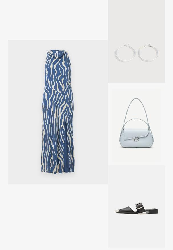 Vestido sin mangas en azul y crema con un patrón de olas, escote drapeado y abertura lateral, hecho de una tela suave y ligera.; Sandalía de piel negra con punta afilada, capuchón metálico plateado y correa con hebilla ajustable. Tacón plano para mayor soporte.; Bolso de cuero azul claro con solapa redondeada, cierre circular plateado y dos correas para el hombro sobre un fondo liso.; Pareja de pendientes de aro plateados brillantes con cierres de alambre delgado, mostrados sobre un fondo gris claro.