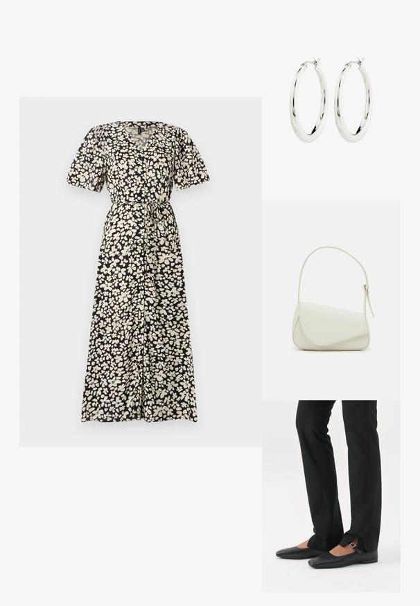 Vestido maxi en negro con un patrón floral blanco, que presenta mangas cortas abullonadas, escote en V y un cinturón atado a la cintura.; Piernas con pantalones ajustados negros con aberturas frontales en el dobladillo, combinados con zapatos planos Mary Jane negros con una pequeña correa con hebilla.; Bolso de mano de imitación cuero blanco con una forma triangular estructurada, correa ajustable única y cierre con solapa acentuada en curva.; Pendientes de aro de plata con un acabado suave y brillante. Forma circular, con un cierre seguro. Diseño sencillo y elegante.