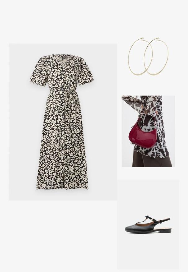 Maxikleid in Schwarz mit einem weißen Floralmuster, ausgestattet mit kurzen Puffärmel, einem V-Ausschnitt und einem Bindegürtel in der Taille.; Schwarzer flacher Lederslingback-Schuh mit T-Riemen und goldener Schnalle auf neutralem Hintergrund.; Frau trägt eine schwarz-weiß gemusterte Bluse und hält eine glänzende rote Schultertasche vor einem einfarbigen Hintergrund.; Pilgrim Ohrringe - gold-coloured