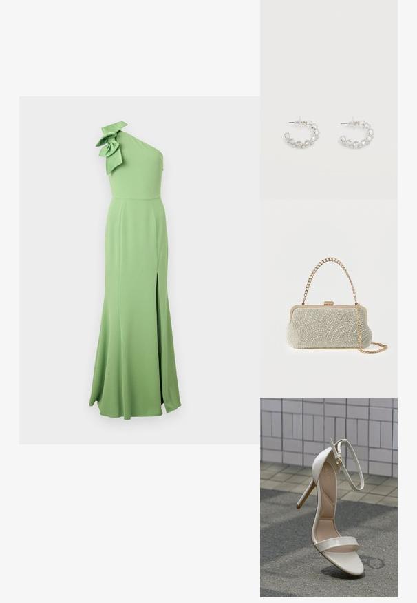 Vestido largo verde de un solo hombro, hecho de una tela suave, con un gran detalle de lazo en el hombro y una abertura lateral para mayor movilidad.; Sandalia de tacón alto con tiras en material blanco brillante. Cuenta con una fina correa en el tobillo y dos bandas frontales, con una plantilla beige y un tacón de aguja delgado.; Pequeño bolso de mano rectangular blanco cubierto de cuentas de perlas con un marco de metal dorado y dos correas de cadena doradas, una corta y una larga.; Pendientes de aro plateados incrustados con cristales facetados transparentes, con cierre de poste y tapones auriculares transparentes sobre un fondo blanco.