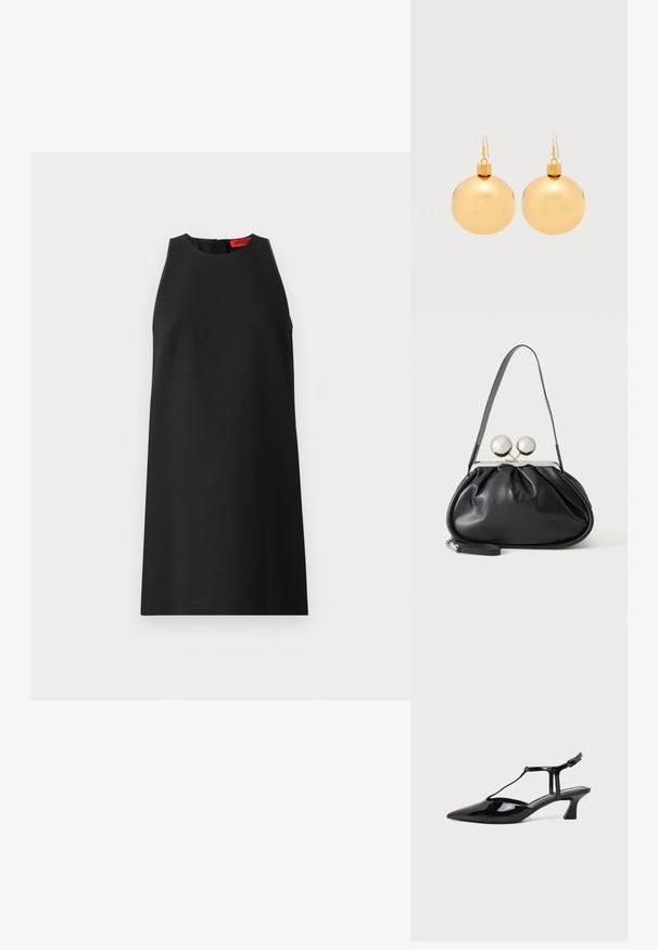 Sort ærmeløs kjole med høj halsudskæring, glat stof, løs silhuet og et subtilt rødt mærke på bagsiden.; Sort laklæder spids tå slingback sko med T-rem og lav skrå blokhæl på hvid baggrund.; Sort læderhåndtaske med opsamlet design, en enkelt rem, sølv metalramme og to store runde sølv lukninger.; Par af skinnende gyldne julekugleøreringe med krog-lukninger på en ensfarvet hvid baggrund.