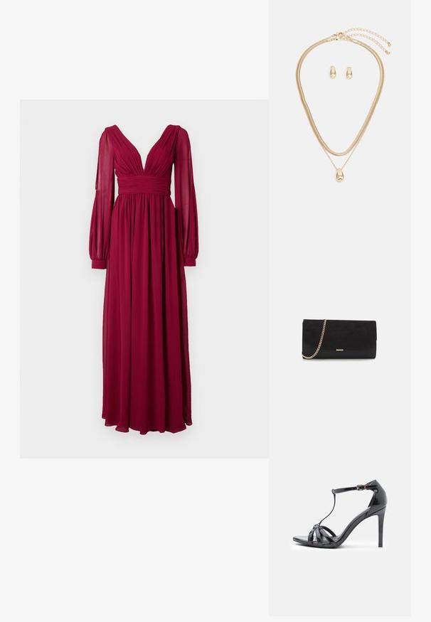 Robe longue bordeaux en tissu léger, avec un décolleté en V profond, un corsage plissé et des manches longues bouffantes avec des poignets ajustés.; Sandale à talons hauts en cuir verni noir avec des fines lanières, design en T, fermeture à boucle et silhouette élégante et courbée.; Porte-monnaie noir en daim avec une finition texturée, doté d'une chaîne dorée et d'un design épuré et angulaire.; Ensemble de bijoux en or comprenant un collier superposé avec un pendentif en forme de goutte et des boucles d'oreilles créoles assorties, le tout avec une finition polie.