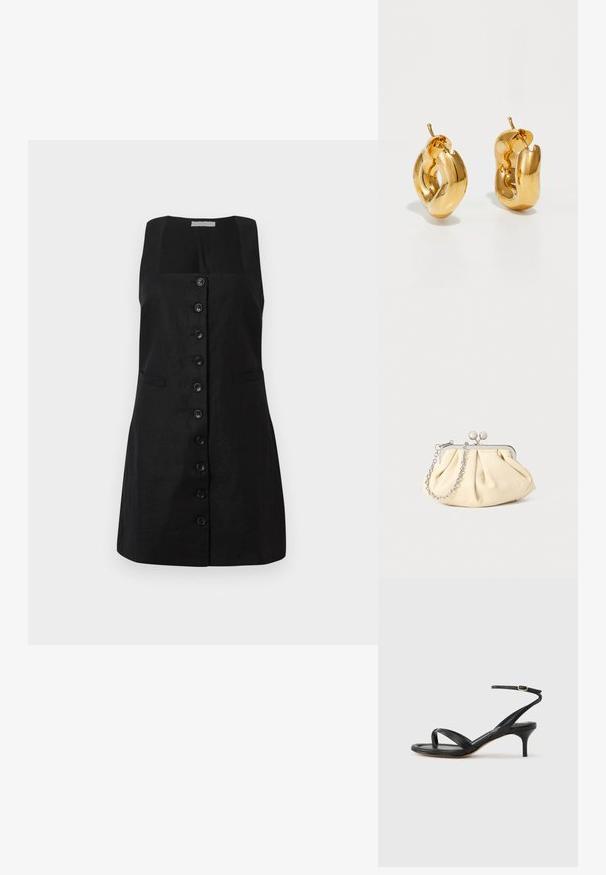 Robe en lin noire avec un décolleté carré, doublée d'une rangée centrale de six boutons et de deux poches latérales, présentant une silhouette en A.; Sandale pour femme en cuir noir avec fines lanières, une boucle d'orteil, une boucle à la cheville et un talon aiguille de hauteur moyenne sur un fond neutre.; Pochette en cuir beige plissé avec un cadre en métal argenté, dotée de deux fermoirs ronds décoratifs et d'une chaîne en argent.; Boucles d'oreilles créoles en or massif avec un design tubulaire légèrement tordu et des fermoirs à tige sur un fond blanc.