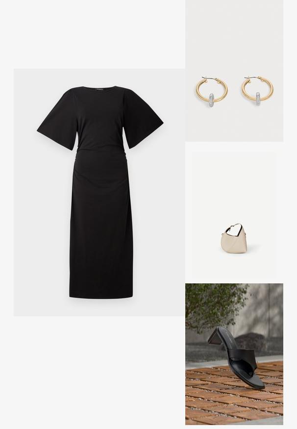 Schwarzes Maxikleid mit kurzen, weiten Ärmeln und gerafftem Taillenbund. Hergestellt aus weichem Stoff und zeichnet sich durch eine einfache, gerade Silhouette aus.; Schwarze Calvin Klein Sandale mit Absatz und Zehenschlaufe auf einem Holzkachelfußboden im Freien neben einem Baum und einer Steinmauer.; Beige Ledertasche in Halbmondform mit einem einzelnen Schulterriemen und minimaler Nahtgestaltung, vor einem schlichten weißen Hintergrund.; Paar goldfarbene Creolen mit kleinem silberfarbenem Schlaufen-Detail an jeder, vor hellem grauem Hintergrund präsentiert.