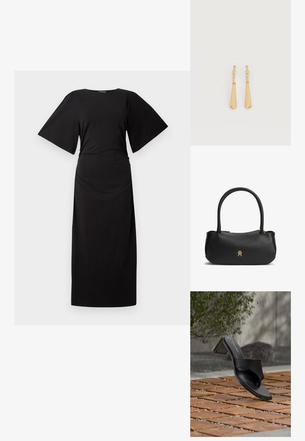 Schwarzes Maxikleid mit kurzen, weiten Ärmeln und gerafftem Taillenbund. Hergestellt aus weichem Stoff und zeichnet sich durch eine einfache, gerade Silhouette aus.; Schwarze Calvin Klein Sandale mit Absatz und Zehenschlaufe auf einem Holzkachelfußboden im Freien neben einem Baum und einer Steinmauer.; Schwarze Ledertasche mit doppelten, runden Griffen, goldenem Reißverschluss und kleinem, goldfarbenem ineinandergreifendem Logo in der vorderen Mitte.; Ohrhänger in Gold-Ton mit glatten, länglichen Tropfenanhängern, die an kleinen Creolenverschlüssen hängen, auf weißem Hintergrund.