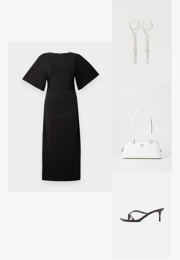 Vestido maxi negro con mangas cortas y anchas y una cintura fruncida. Hecho de tela suave, presenta una silueta simple y recta.; Sandalia de tacón de charol negro con tiras finas cruzadas y un tacón de aguja delgado de altura media, sobre un fondo blanco.; Bolso de cuero blanco con forma curva, que presenta un logo triangular plateado y cierre de cremallera. Textura lisa y dos asas.; Pendientes colgantes de plata con cristales transparentes rectangulares y redondos en una línea vertical, asegurados con cierres tipo leverback.