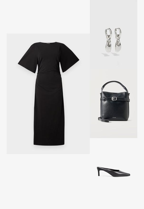 Sort maxi kjole med korte, brede ærmer og en rynket talje. Fremstillet af blødt stof og har en simpel, lige silhuet.; Sort læder slingback hæl med spids tå, lav blokhæl og glat overflade. Simpelt design uden udsmykninger.; Sort lædertaske fra Calvin Klein med topstrop, justerbar skulderrem, frontspænde og syninger langs kanterne på en hvid baggrund.; Sølvøreringe med forlængede ovale led, der har en poleret overflade og en struktureret dråpevedhæng. Enkel design med glatte kanter.