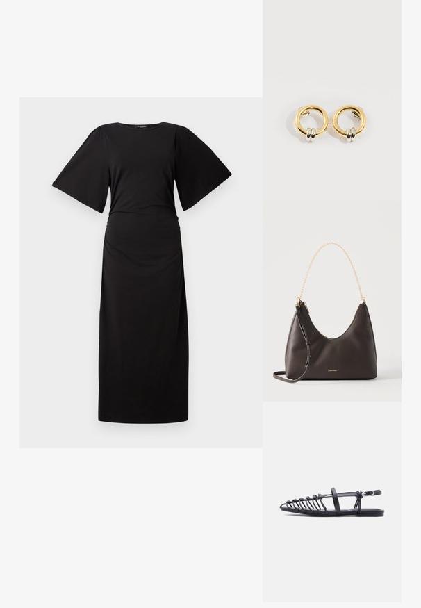 Schwarzes Maxikleid mit kurzen, weiten Ärmeln und gerafftem Taillenbund. Hergestellt aus weichem Stoff und zeichnet sich durch eine einfache, gerade Silhouette aus.; Schwarze flache Sandale mit mehreren dünnen Riemen, verstellbarem Knöchelriemen mit Schnalle und offenem Zehenkäfig-Design vor weißem Hintergrund.; Dunkelbraune Leder-Schultertasche mit goldener Kettenhenkel, langem verstellbarem Riemen und Calvin Klein Logo auf der Vorderseite.; Goldene runde Ohrringe mit jeweils zwei kleinen silbernen Ringen, die dezent gravierte Markennamen zeigen, vor weißem Hintergrund platziert.