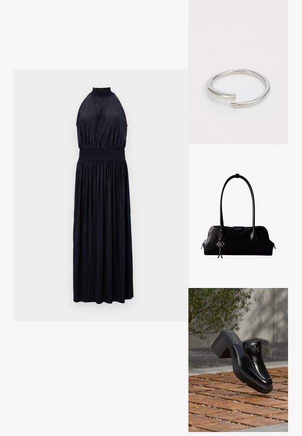 Halterneck-Kleid in Dunkelblau, mit plissiertem Stoff, gerafftem Taillenbereich und fließendem, bodenlanger Silhouette. Ganze Oberfläche mit glatter Textur.; Schwarze Leder-Slip-on-Mule von Calvin Klein mit Blockabsatz, die auf Holzfliesen im Freien nahe einer grünen Pflanze und einer grauen Wand ruht.; Schwarze Lederhandtasche von Calvin Klein mit langen Henkeln, einem vorderen Logo-Tag und einem silbernen geometrischen Anhänger, der an einem Henkel hängt.; Calvin Klein SPIRAL - Armband - silver-coloured