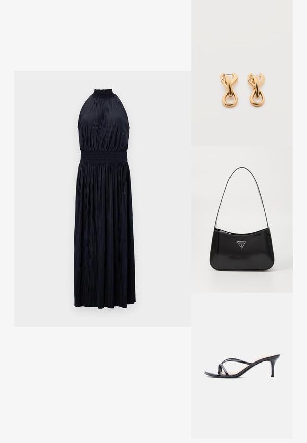 Halterneck-Kleid in Dunkelblau, mit plissiertem Stoff, gerafftem Taillenbereich und fließendem, bodenlanger Silhouette. Ganze Oberfläche mit glatter Textur.; Schwarze Peeptoe-Sandale aus Lackleder mit dünnen, gekreuzten Riemen und einem schlanken, mittelhohen Stilettoabsatz vor weißem Hintergrund.; Schwarze patentierte Leder-Schultertasche mit geschwungener Form, ausgestattet mit einem silbernen Dreieckslogo und einem Reißverschluss. Glatte Textur und schmaler Riemen.; Paar glänzende goldfarbene Creolen mit verschlungenem, verdrehtem Design auf schlichten weißem Hintergrund.