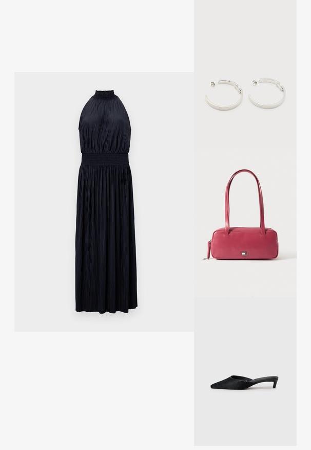 Halterneck-Kleid in Dunkelblau, mit plissiertem Stoff, gerafftem Taillenbereich und fließendem, bodenlanger Silhouette. Ganze Oberfläche mit glatter Textur.; Schwarze Wildleder-Mules mit spitzer Zehenform und niedrigem Absatz. Verfügen über eine glatte Textur und einen offenen Rücken für bequemes Tragen. Einfaches Design ohne Muster.; Rosa Ledertasche mit rechteckiger Form, zwei Griffen und einem kleinen Metallemblem auf der Vorderseite, mit einer glatten, glänzenden Oberfläche.; Ohrstecker in Silberoptik, halbkreisförmig mit geriffelter Textur und Steckverschlüssen, auf weißem Hintergrund.