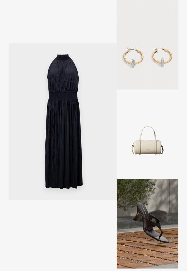 Vestido sin mangas en azul marino oscuro, con tela plisada, cintura fruncida y una silueta fluida y de largo completo. Textura suave en todo el vestido.; Sandalia de tiras con tacón marrón de Calvin Klein suspendida sobre suelo exterior de loseta de madera y grava, con fondo desenfocado de vegetación y piedras.; Pequeño bolso cilíndrico de cuero beige con dos asas, una correa de hombro desmontable y el logo de Calvin Klein en la parte frontal.; Par de pendientes de aro en tono dorado con pequeño detalle de aro en tono plateado en cada uno, expuestos sobre un fondo gris claro.