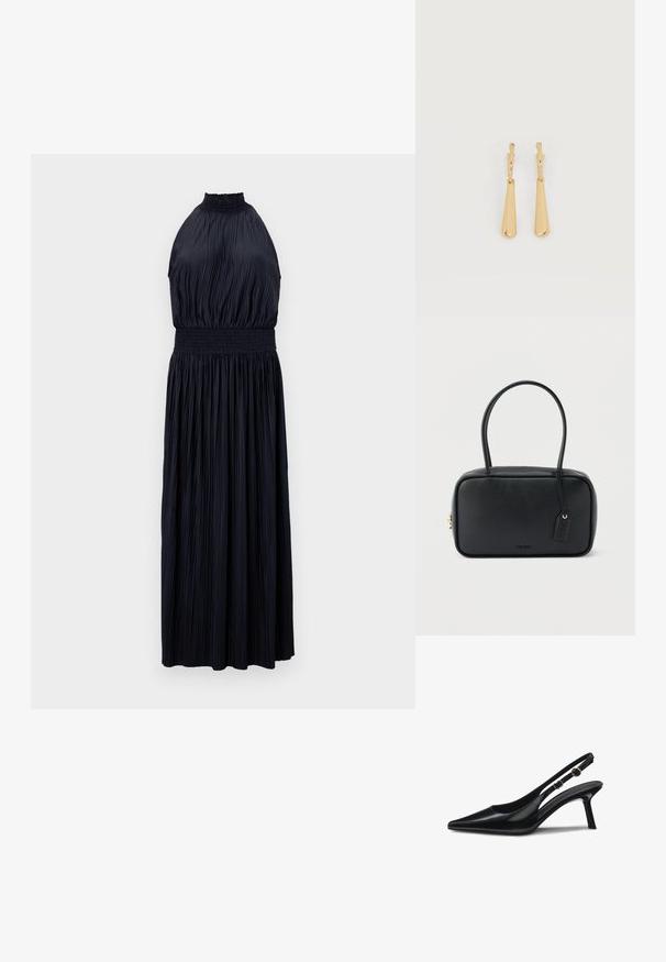 Vestido sin mangas en azul marino oscuro, con tela plisada, cintura fruncida y una silueta fluida y de largo completo. Textura suave en todo el vestido.; Tacones de charol negro tipo slingback con punta afilada, tacón delgado y correa ajustable con un adorno circular. Acabado liso y brillante.; Bolso rectangular negro con asas dobles redondeadas, cremallera dorada y logo "HUGO" en relieve en el frente con etiqueta de cuero adjunta.; Pendientes colgantes en tono dorado con colgantes alargados y suaves en forma de lágrima, colgando de cierres de aros pequeños sobre un fondo blanco.