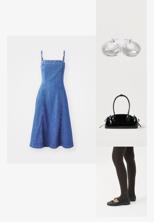 Denim jurk met een aansluitende lijfje, verstelbare banden, uitlopende rok, middenblauwe kleur en zichtbare naaddetails. Gladde textuur.; Benen met donkere geribbelde leggings gecombineerd met zwarte ballerina's met kleine strikdetails op een witte achtergrond.; Kleine zwarte glanzende handtas met twee lange hengsels en zijkant trekkoord details op een effen lichte achtergrond.; Een paar gepolijste zilveren halve maanvormige creolen met heldere plastic achterkanten op een witte ondergrond.
