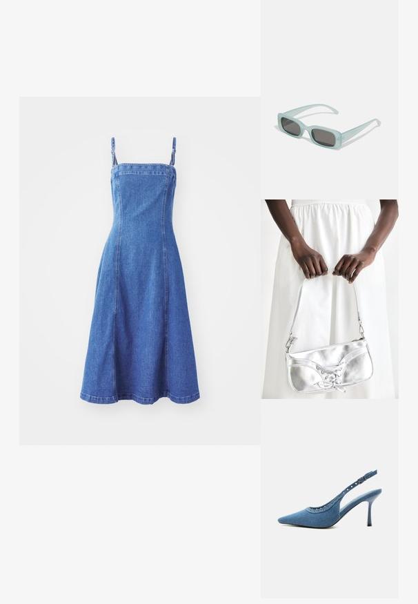 Denim jurk met een aansluitende lijfje, verstelbare banden, uitlopende rok, middenblauwe kleur en zichtbare naaddetails. Gladde textuur.; Blauwe denim slingback pump met spitse neus, zilveren oogjes en verstelbare gespsluiting.; Een paar rechthoekige zonnebrillen met lichtblauwe doorzichtige monturen en donkergrijze glazen, met rechte pootjes en minimale hardwaredetails.; Zilveren metalen handtas met vetersluiting, met een strak ontwerp en een korte schouderriem. De tas wordt vastgehouden in de handen, waardoor de textuur goed tot zijn recht komt.