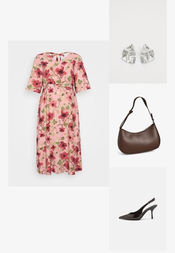 Vestido floral con fondo rosa, con patrones de flores rojas y verdes, mangas cortas y ligeras, y un escote en V con un detalle de lazo en la parte posterior.; Zapato de tacón alto tipo slingback en piel sintética brillante de color marrón oscuro, con punta afilada, laterales abiertos y correa ajustable en el tobillo.; Pequeño bolso bandolera de cuero marrón con correa ajustable y cierre de cremallera, mostrado sobre un fondo blanco. Sin logotipos ni adornos visibles.; Pendientes de metal plateado con un diseño ondulado y escultórico, que presentan un acabado pulido y formas irregulares, destacando una estética contemporánea.