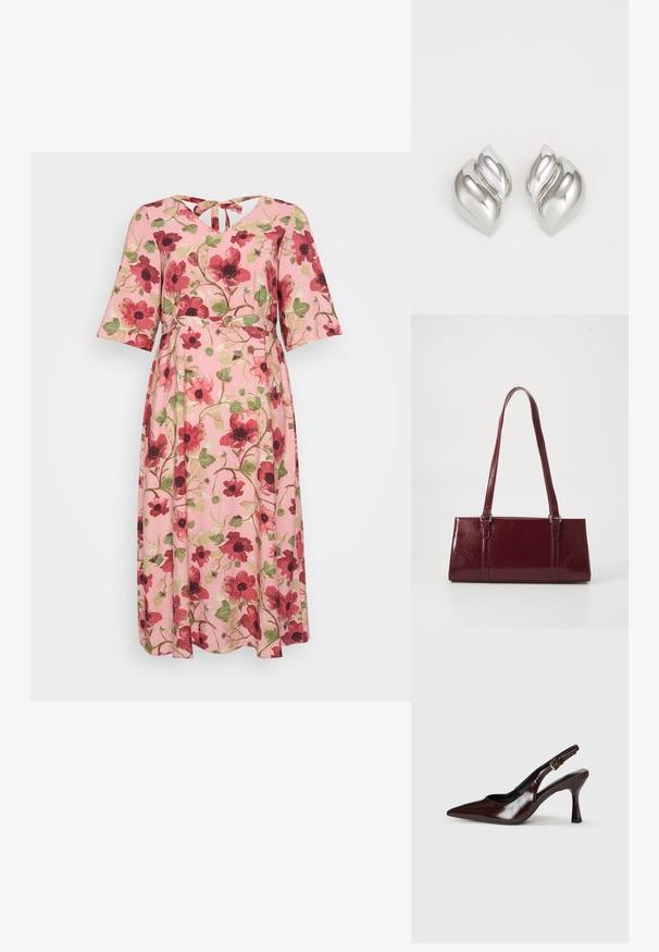 Vestido floral con fondo rosa, con patrones de flores rojas y verdes, mangas cortas y ligeras, y un escote en V con un detalle de lazo en la parte posterior.; Zapatos de tacón slingback de charol marrón con punta afilada, tacón delgado y correa ajustable con una pequeña hebilla.; Bolso burdeos hecho de material brillante, de forma rectangular, con dos asas para el hombro y sutiles acentos curvados en la parte frontal.; Pendientes de plata con una forma orgánica y abstracta. Superficie lisa y brillante con un diseño cónico. Presentan suaves curvas y un detalle de línea central.