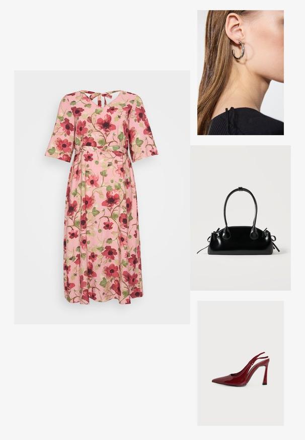 Blomsterkjole med en lyserød baggrund, prydet med røde og grønne blomstermønstre, korte flagrende ærmer og en V-hals med en slipsdetalje bagpå.; Rødt laklæder højhælet slingback-sko med spids tå og tynde elastiske stropper bagpå, vist fra ydersiden.; Lille sort blank håndtaske med to lange håndtag og snøre-detaljer i siden på en ensfarvet lys baggrund.; Sølv hoop ørestik med en poleret overflade, prydet med små guld accenter og en rund form, båret på øreflippen.