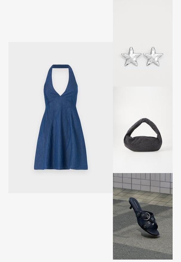 Vestido de mezclilla en azul oscuro con escote halter y corte en V profundo, que presenta un corpiño ajustado y una falda acampanada para una silueta fluida.; Sandalia negra de tacón con tiras cruzadas que presentan ojales plateados y una hebilla redonda, situada sobre un pavimento texturizado junto a una pared con azulejos.; Bolsa de tela gris oscuro con un asa curva, textura suave y forma redondeada. Sin hardware ni adornos visibles.; Pendientes en forma de estrella plateada con una superficie pulida y brillante. Cada pendiente presenta cinco puntas y sutiles detalles de textura en la superficie.