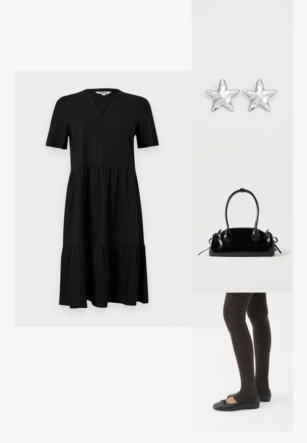 Robe midi noire à manches courtes avec encolure en V et jupe à volants, coupe ample, en tissu doux, étiquette "ONLY" à l'intérieur du col.; Jambes portant des leggings côtelés foncés associés à des ballerines noires avec de petits détails en nœud sur fond blanc.; Petit sac à main noir brillant avec deux longues anses et des détails à cordon sur les côtés sur un fond clair uni.; Boucles d'oreilles argentées en forme d'étoile, avec une surface lisse et brillante. Chaque boucle d'oreille possède cinq pointes et des détails subtils de texture de surface.
