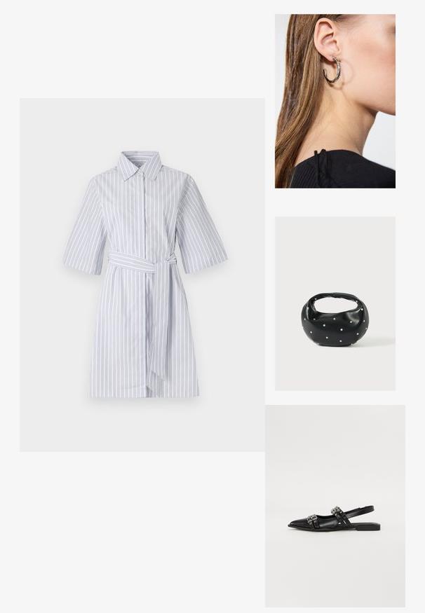 Kerged algusega särk-kleit, mis on valmistatud kergest kangast, millel on vertikaalsed sinised ja hallid triibud, lühikesed varrukad ja sobiv vöö. Nööpidega esine.; Even&Odd by Zalando Kannarihmaga baleriinad - black; Mustast nahast ümmarguse kujuga käekott, kaunistatud hõbedaste naeladega, lühikese sangaga. Sile tekstuur ja tõmblukuga sulgemine.; Hõbedane rõngas kõrvarõngas poleeritud viimistlusega, millel on väikesed kuldsed aktsendid ja ümmargune kuju, kantud lobus.