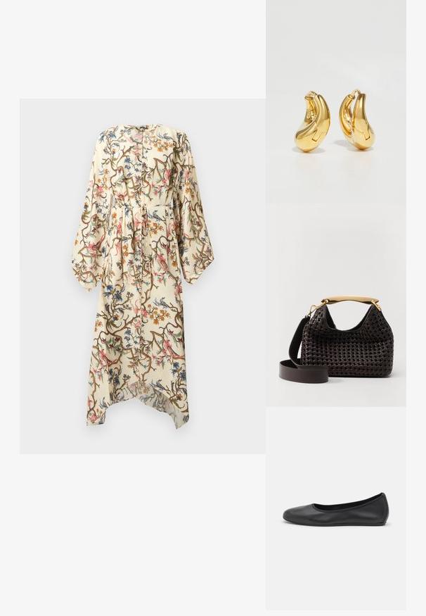 Longue robe crème avec imprimé floral et de vigne, manches longues bouffantes, boutonnée à l'avant et ceinture assortie en tissu à la taille.; Ballerines en cuir noir avec un bout rond, texture lisse, détails de couture minimalistes et design de semelle flexible.; Elleme BOOMERANG WOVEN - Sac à main - brown; Boucles d'oreilles en or en forme de d'anneaux lisses et courbés avec une finition polie. Équipées d'un mécanisme de fermeture et de légères indentations pour le détail.