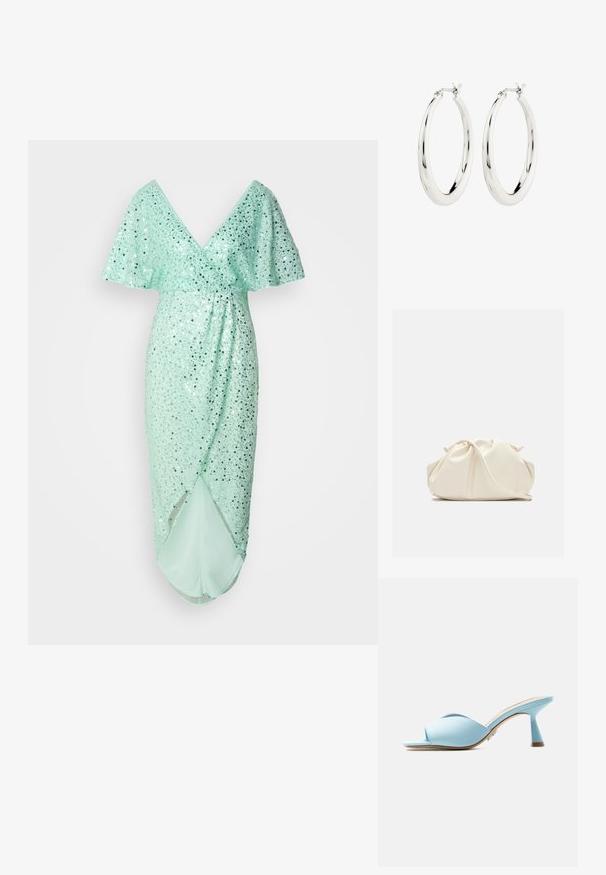 Mintgrünes Kleid mit V-Ausschnitt und leicht ausgestellten Ärmeln, verziert mit silbernen Pailletten. Hat eine drapierte Silhouette und einen seitlichen Schlitz.; Hellblauer Mule mit offenem Zehenbereich, breiten überkreuzten Riemen und einem ausgestellten, mittelhohen Absatz, seitlich auf weißem Hintergrund gezeigt.; Weiche, cremefarbene Leder-Clutch mit gerafftem Design und einem dünnen Schulterriemen, der vorne auf einem schlichten Hintergrund liegt.; Silberne Creolen mit einer glatten, glänzenden Oberfläche. Kreisform, ausgestattet mit einem sicheren Verschluss. Einfaches und elegantes Design.