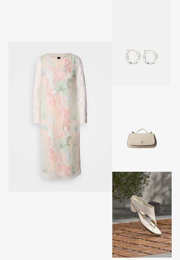 Robe florale en couleurs pastel avec de longues manches transparentes, ornée de broderies et de décorations. Tissu léger avec une coupe décontractée.; Sandale à talon en cuir blanc avec une large bride et un entre-doigts, exposée en extérieur sur une surface carrelée en bois et en gravier avec de la verdure en arrière-plan.; Petit sac à main en cuir beige avec poignée supérieure et logo CK argenté sur le rabat avant, présenté sur fond blanc.; Boucles d'oreilles en argent avec une finition polie, présentant une forme circulaire et une fermeture à charnière. Texture lisse avec un minimum de détails.