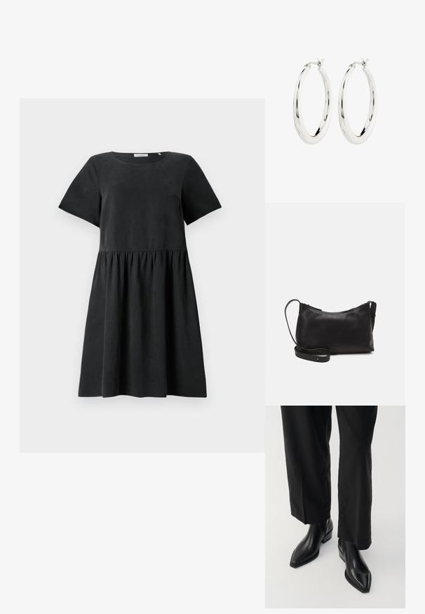 Vestido negro de manga corta con escote redondo, tela texturizada y cintura fruncida, que crea una silueta acampanada.; Botas de tobillo de cuero negro con punta afilada, textura suave y tacón cuadrado. Combinadas con pantalones anchos negros, creando una silueta elegante.; Bolso de hombro de cuero negro con una textura suave, forma curvada, correa ajustable y cierre con cremallera. Diseño minimalista sin adornos.; Pendientes de aro de plata con un acabado suave y brillante. Forma circular, con un cierre seguro. Diseño sencillo y elegante.