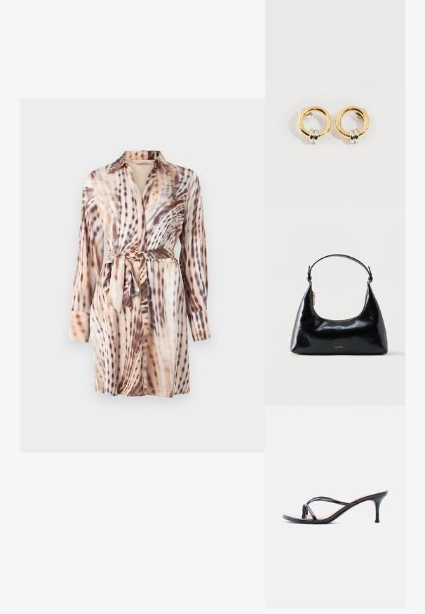 Robe chemise à manches longues avec col et ceinture nouée, présentant un motif abstrait d'animaux en beige, marron et crème.; Sandale à talon en cuir verni noir avec fines lanières croisées et talon aiguille moyen et élancé sur fond blanc.; Sac à main Calvin Klein noir brillant avec fermeture éclair dorée et anse courte sur fond blanc uni.; Boucles d'oreilles circulaires en or avec deux petites bagues en argent sur chacune, affichant des détails subtils du nom de la marque gravé, posées sur un fond blanc.