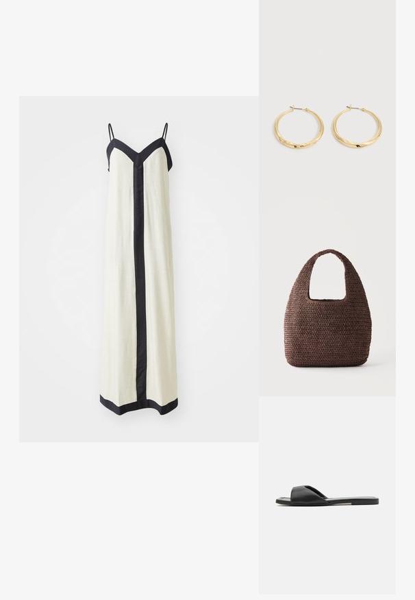 Ärmelloses Maxikleid in Creme mit tiefem V-Ausschnitt und schwarzem Besatz entlang der Kanten und vorne. Hergestellt aus leichtem Stoff.; Schwarze Riemchensandalen bestehen aus einem glatten synthetischen Material, haben ein offenes Zehendesign und eine flache Sohle mit einem minimalen Akzentstreifen an der Seite.; Braune gehäkelte Tote-Tasche mit breitem Griff und abgerundeter rechteckiger Form auf einfarbig hellem Hintergrund.; Paar polierte goldene Creolen mit dünnen Stegen und Klappverschlüssen, auf einem schlichten hellgrauen Hintergrund präsentiert.