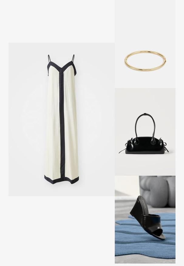 Ärmelloses Maxikleid in Creme mit tiefem V-Ausschnitt und schwarzem Besatz entlang der Kanten und vorne. Hergestellt aus leichtem Stoff.; Schwarzer Keil-Pantoffel mit offenem Zeh auf einem blauen strukturierten Teppich, im Hintergrund ein unscharfes graues Sofa.; Kleine schwarze glänzende Handtasche mit zwei langen Griffen und seitlichen Kordelzug-Details vor einfachem hellem Hintergrund.; Goldene Armreif mit einer glatten, glänzenden Oberfläche, runder Form und einem dezenten Verschlussdetail.
