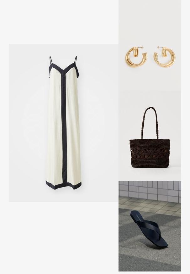 Langere mouwloze maxi-jurk in crème met een diepe V-hals en zwarte trim langs de randen en aan de voorkant. Gemaakt van lichte stof.; Zwarte teenslipper met vierkante neus en merknaam op het voetbed, rechtop geplaatst op gestructureerde bestrating nabij betegelde muur.; Donkerbruine gevlochten draagtas met bloemenpatronen en twee lange gevlochten handgrepen op een effen lichte achtergrond.; Set glanzende gouden dubbele lus oorbellen met stekertjes op een witte achtergrond.