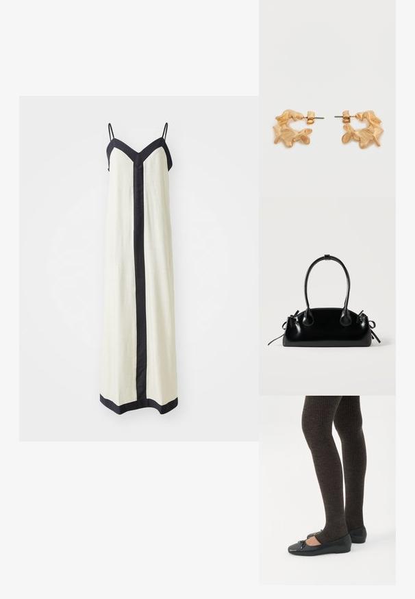 Langere mouwloze maxi-jurk in crème met een diepe V-hals en zwarte trim langs de randen en aan de voorkant. Gemaakt van lichte stof.; Benen met donkere geribbelde leggings gecombineerd met zwarte ballerina's met kleine strikdetails op een witte achtergrond.; Kleine zwarte glanzende handtas met twee lange hengsels en zijkant trekkoord details op een effen lichte achtergrond.; Oorbellen in goudkleur met een abstracte, organische vorm, voorzien van een gestructureerd oppervlak en een sluiting met oorstekers.