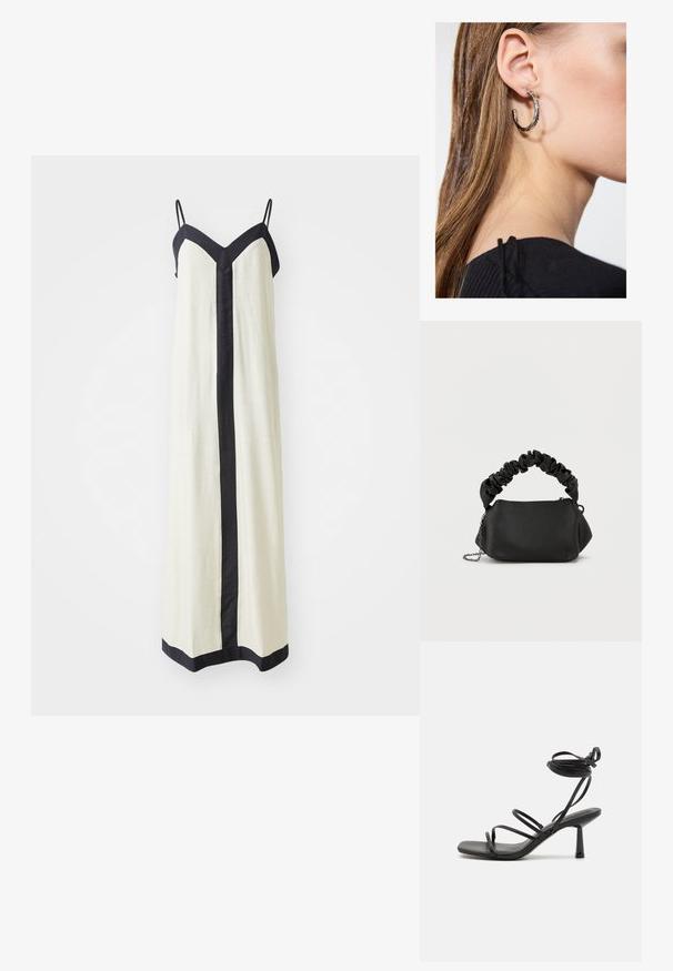 Ärmelloses Maxikleid in Creme mit tiefem V-Ausschnitt und schwarzem Besatz entlang der Kanten und vorne. Hergestellt aus leichtem Stoff.; Schwarze Sandale mit Riemchen, quadratischer Zehenpartie, verstellbaren Knöchelbindungen und einem schmalen Blockabsatz. Hergestellt aus einem glatten, strapazierfähigen Material.; Schwarze Handtasche mit runder Form, aus glattem Material gefertigt. Verfügt über einen weichen, gerafften Griff und einen Metallkettengurt für Vielseitigkeit.; Silberne Creolen mit polierter Oberfläche, die kleine goldene Akzentdetails und eine runde Form aufweisen, am Ohrläppchen getragen.