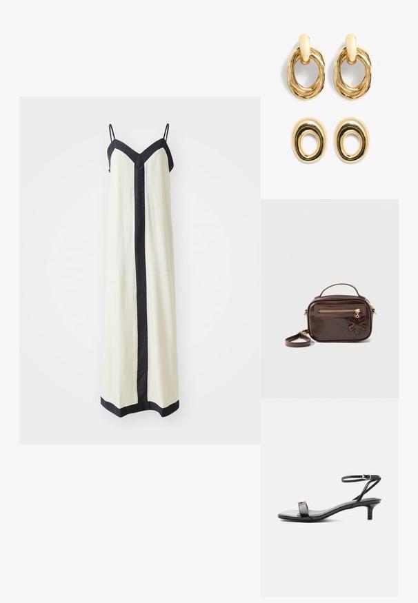 Ärmelloses Maxikleid in Creme mit tiefem V-Ausschnitt und schwarzem Besatz entlang der Kanten und vorne. Hergestellt aus leichtem Stoff.; Schwarze Leder-Sandalette mit offenem Zehenbereich, niedrigem Kitten-Heel, dünnem Knöchelriemen mit goldfarbener Schnalle und dekorativem goldfarbenem Akzent am vorderen Riemen.; Dunkelbraune, rechteckige Leder-Umhängetasche mit einem oberen Griff, einer vorderen Reißverschlusstasche und einem blumenförmigen Lederanhänger am Reißverschluss.; Goldfarbene Metallohrringe mit gedrehten ovalen Designs. Das obere Paar hat eine strukturierte Schlaufe; das untere Paar ist glatt mit einem kreisförmigen Ausschnitt.