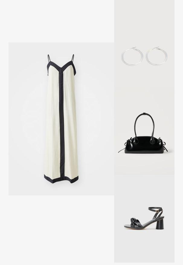 Langere mouwloze maxi-jurk in crème met een diepe V-hals en zwarte trim langs de randen en aan de voorkant. Gemaakt van lichte stof.; Zwarte leren sandalen met hak, met een geknoopte voorkant, open teen en enkelbandje; voorzien van een chunky, cilindrische hak.; Kleine zwarte glanzende handtas met twee lange hengsels en zijkant trekkoord details op een effen lichte achtergrond.; Een paar glanzende zilveren oorringen met dunne draadafsluitingen, getoond op een lichtgrijze achtergrond.