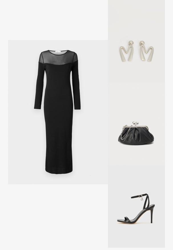 Robe noire à manches longues avec une silhouette ajustée, présentant un décolleté et des manches en mesh transparent, une texture lisse et une longueur aux chevilles.; Sandale à talon haut noire avec une bride étroite à la cheville, bout carré, cuir lisse et accent de boucle métallique.; Porte-monnaie en cuir noir avec texture froncée, cadre en métal argenté, fermeture à verrouillage kiss-lock et bandoulière en chaîne. Surface lisse et douce.; Paire de boucles d'oreilles en métal argenté en forme de lettre M angulaire avec des tiges arrondies sur fond blanc.
