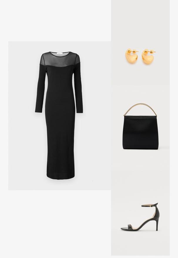 Robe noire à manches longues avec une silhouette ajustée, présentant un décolleté et des manches en mesh transparent, une texture lisse et une longueur aux chevilles.; Sandale à talons hauts en cuir noir avec une lanière de cheville. Présente une texture lisse, un bout ouvert et un talon fin. Détail de boucle en ton doré.; Sac noir en tissu lisse, présentant une forme structurée, une poignée en chaîne dorée et un design géométrique minimaliste.; Paire de petites boucles d'oreilles clous épaisses en métal doré avec des formes lisses, courbes et abstraites sur un fond clair.