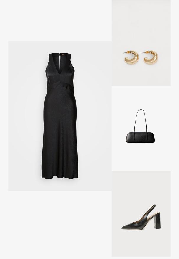 Robe noire avec un col en V, sans manches, présentant une finition texturée et une jupe évasée. Fermeture éclair au dos. Tissu lisse.; Chaussure slingback en cuir noir à bout pointu avec un talon bloc haut et une doublure intérieure beige sur un fond clair uni.; Sac à main rectangulaire en cuir noir avec de longues lanières fines et un logo doré "Calvin Klein" au centre avant.; Deux boucles d'oreilles en forme de cerceau en or brillant, avec un design courbé, présentant des accents orange près de la tige, sur fond blanc uni.