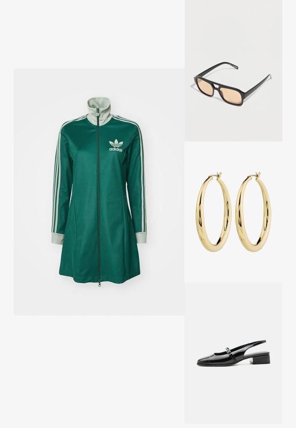 Roheline tõmblukuga spordijope kõrge kraega, kolme valge triibuga varrukatel, kreemjad mansetid ja Adidas logo rindkerel.; Mustast lakknahast slingback-king madala plokksandaali ja õhukese rihmaga, millel on peal hõbedane pandlaga kinnis.; Mustad ristkülikukujulised päikeseprillid õhukeste beežikatooniliste läätsedega ja võtmeauguga sillas, alumisel küljel ALDO kaubamärgiga.; Kuldsete rõngassõrmuste sujuv, poleeritud pind. Ümmargune kuju, millel on ülaosas kindel sulgemismehhanism. Pind peegeldab valgust.