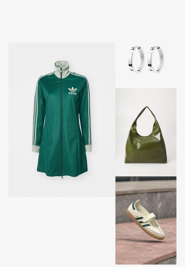 Roheline tõmblukuga spordijope kõrge kraega, kolme valge triibuga varrukatel, kreemjad mansetid ja Adidas logo rindkerel.; Valge nahast king rohelistes triipudega, ümar nina, rihmaga kinnitatud. Kummist tallaga, minimalistliku disainiga, ülemistes servades esile tõstetud õmblused.; Roheline nahast hobo-kott, millel on laisk disain, kumer käepide ja sile tekstuur. Ei sisalda nähtavaid riistade ega aksessuaare.; Poleeritud hõbedast rõngakujulised kõrvarõngad hingklambriga, siseküljel graveeritud kaubamärgi nimi "PILGRIM".