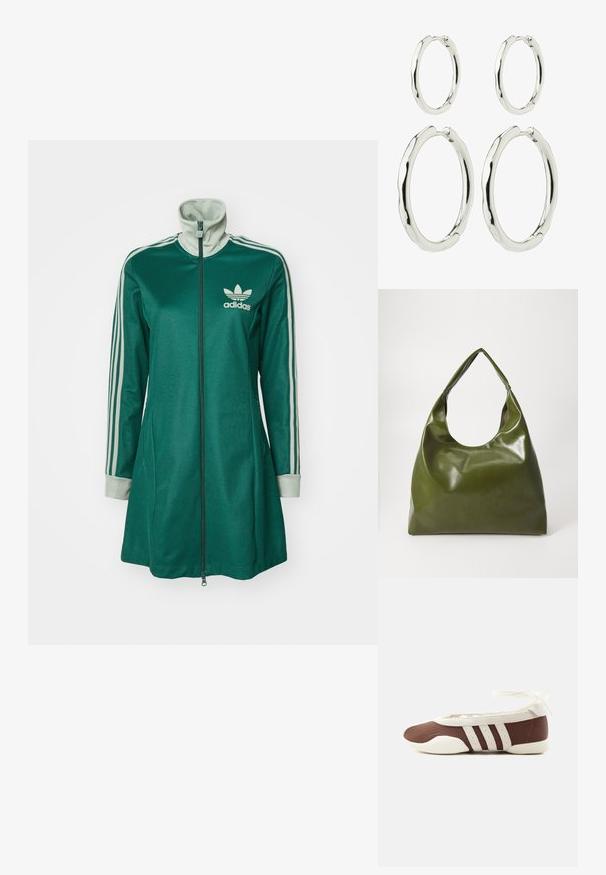 Roheline tõmblukuga spordijope kõrge kraega, kolme valge triibuga varrukatel, kreemjad mansetid ja Adidas logo rindkerel.; Pruun ja valge baleriinjalanõu, millel on kolm valget triipu ja pahkluu paelaga lips, helel taustal.; Roheline nahast hobo-kott, millel on laisk disain, kumer käepide ja sile tekstuur. Ei sisalda nähtavaid riistade ega aksessuaare.; Hõbedast rõngakujulised kõrvarõngad, üks suur ja üks väike paar. Sile tekstuur lainelise disainiga, turvaliste kinnitustega.